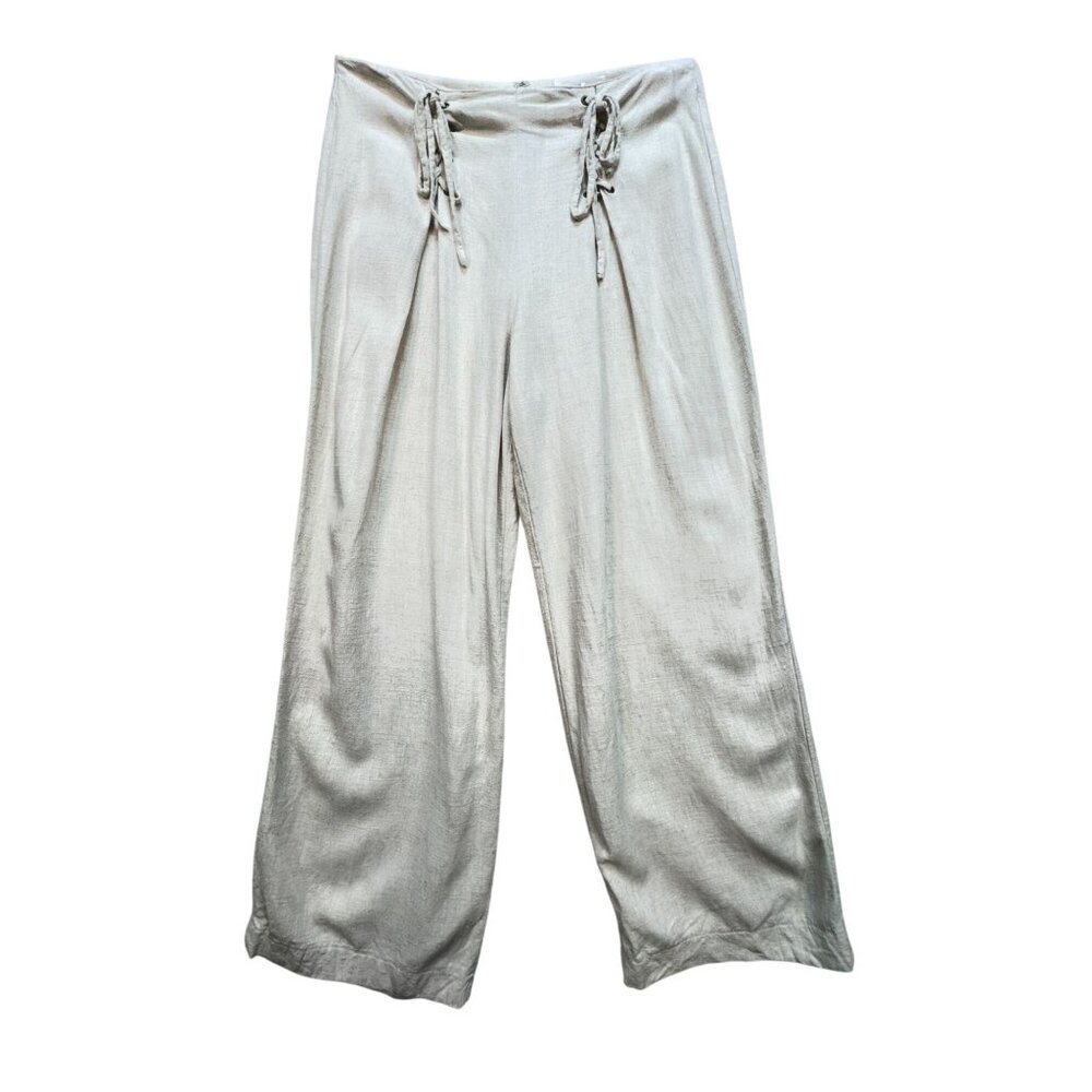 June & Hudson Womens Linen Blend Wide-Leg Pants Size S Beige Drawstring Waist